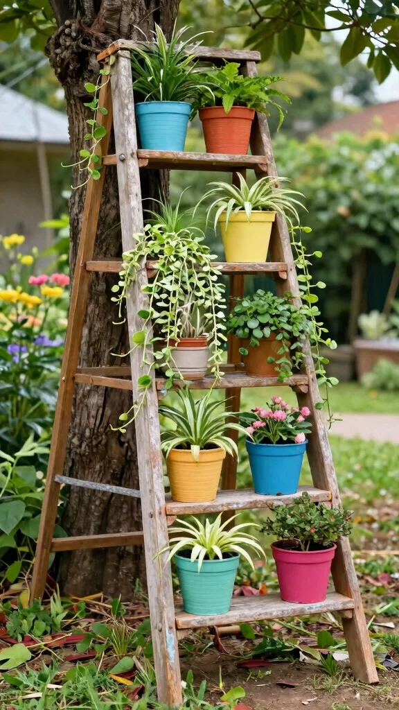 10 Antique Plant Stand Ideas for Timeless Elegance - 5. Vintage Ladder Displays 1