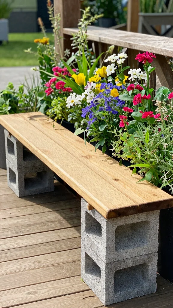 10 Cinder Block Plant Stand Ideas for an Industrial Urban Garden - 2. Rustic Bench with Planters 1