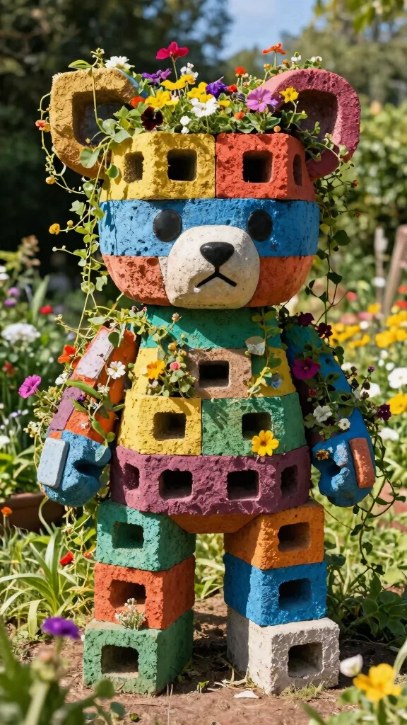 10 Cinder Block Plant Stand Ideas for an Industrial Urban Garden - 6. Playful Garden Sculpture 1