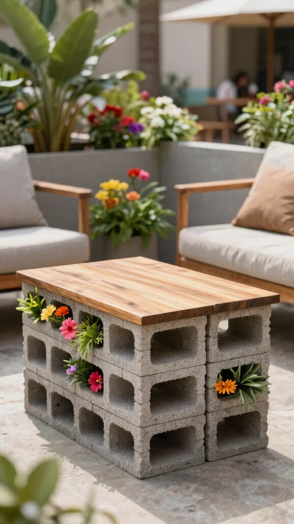 10 Cinder Block Plant Stand Ideas for an Industrial Urban Garden - 9. Edgy Outdoor Coffee Table 1