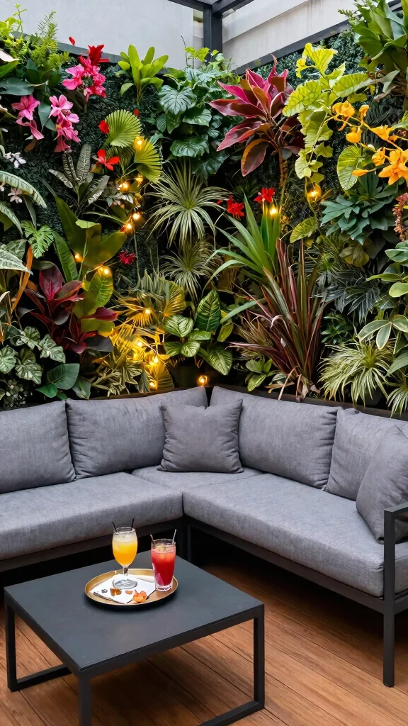 10 Long Patio Furniture Layout Ideas for Vertical Gardening Solutions - 1. L-Shaped Sofa with Vertical Plant Wall 1