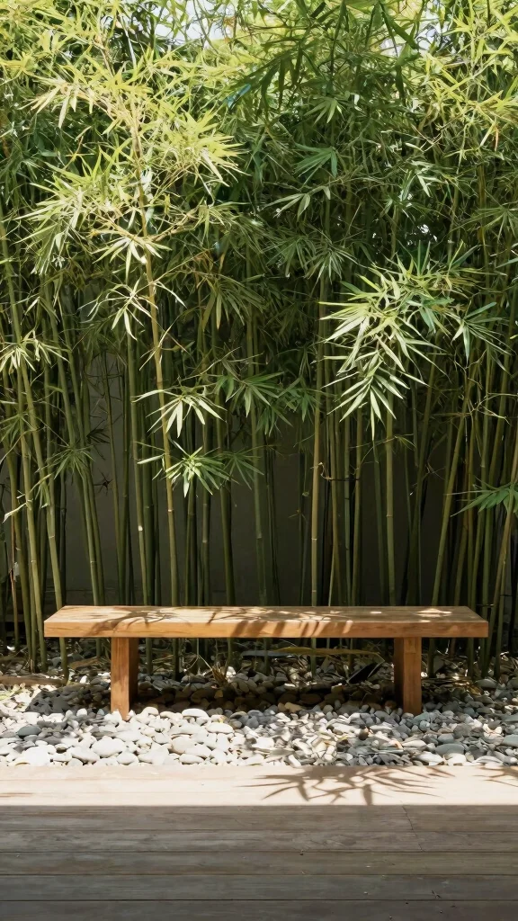 10 Long Patio Furniture Layout Ideas for Vertical Gardening Solutions - 10. Minimalist Bench with Vertical Bamboo 1