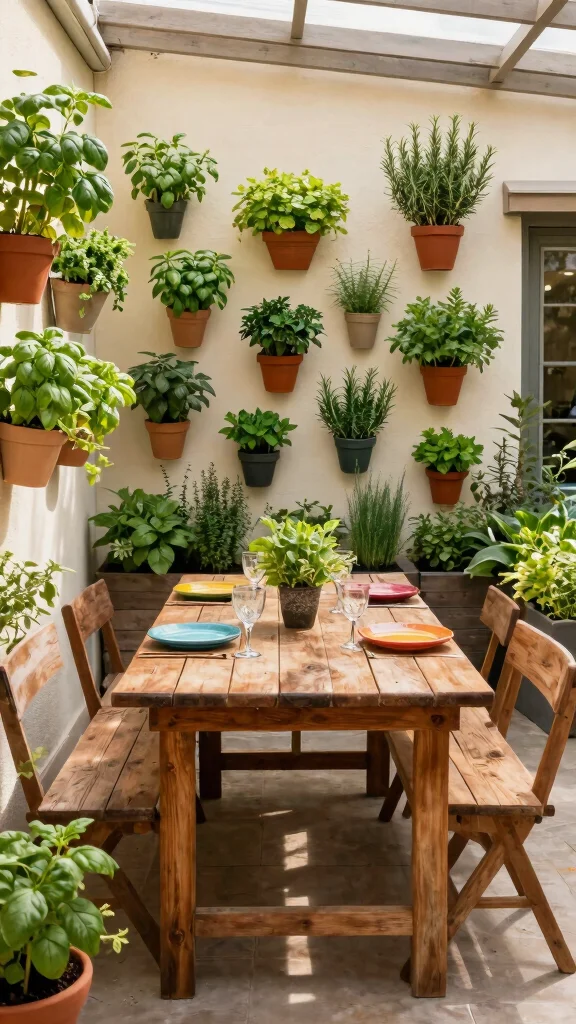 10 Long Patio Furniture Layout Ideas for Vertical Gardening Solutions - 2. Dining Table with Vertical Herbs 1