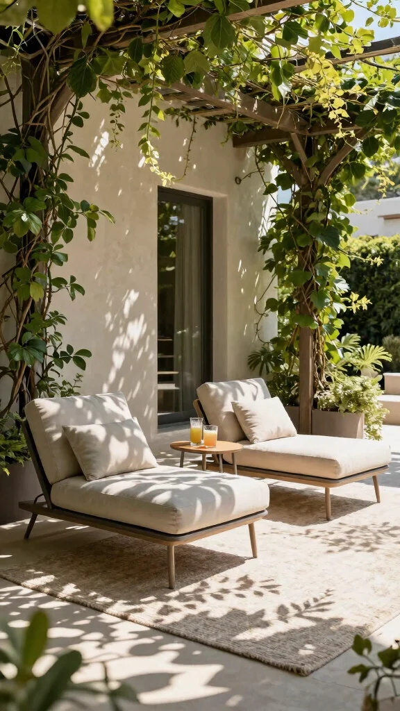 10 Long Patio Furniture Layout Ideas for Vertical Gardening Solutions - 3. Lounge Chairs with Climbing Vines 1