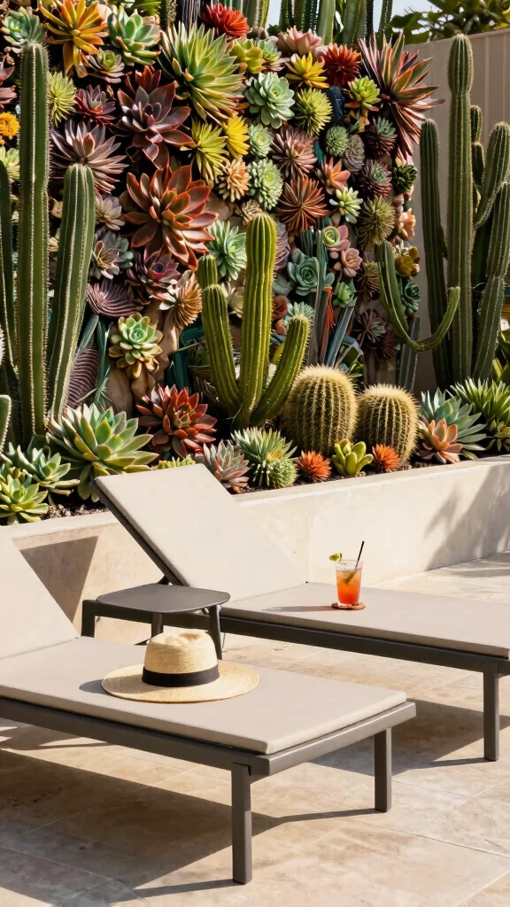 10 Long Patio Furniture Layout Ideas for Vertical Gardening Solutions - 4. Sun Loungers with Vertical Succulent Garden 1