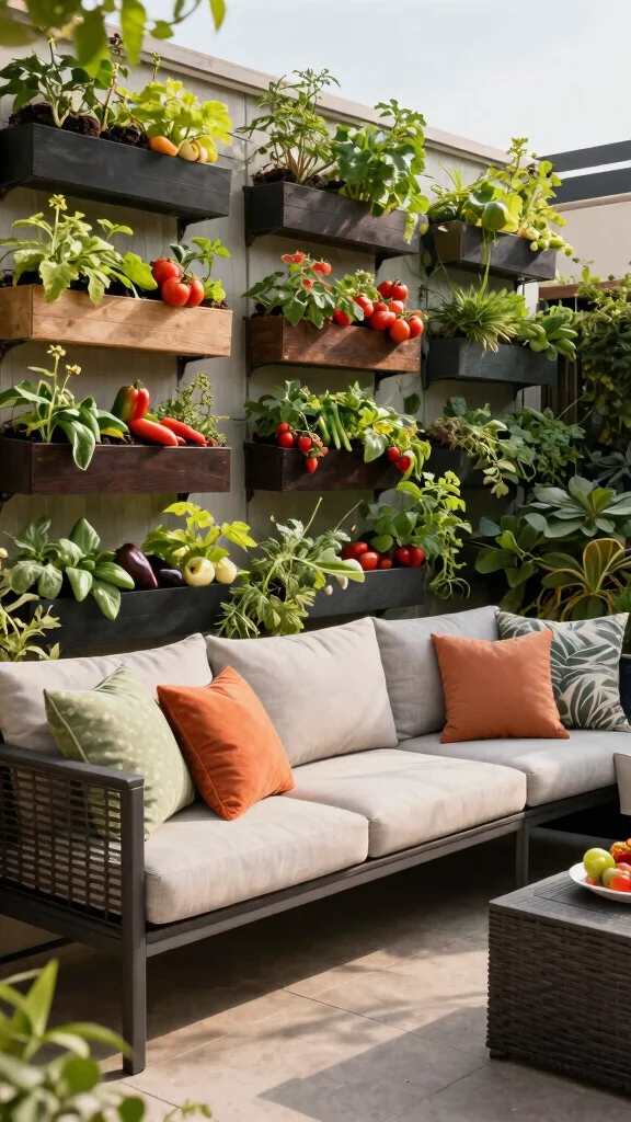 10 Long Patio Furniture Layout Ideas for Vertical Gardening Solutions - 6. Outdoor Sofa with Vertical Farm 1