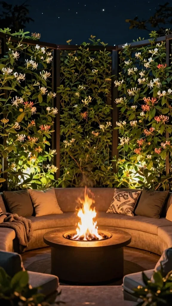 10 Long Patio Furniture Layout Ideas for Vertical Gardening Solutions - 7. Fire Pit Area with Vertical Privacy Screens 1