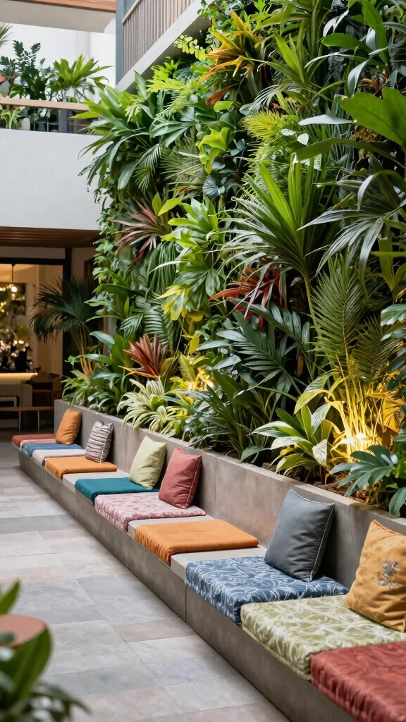 10 Long Patio Furniture Layout Ideas for Vertical Gardening Solutions - 8. Multi-Level Seating with Vertical Green Screen 1