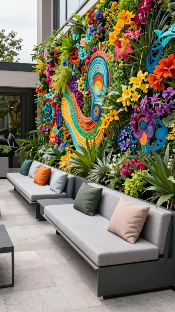 10 Long Patio Furniture Layout Ideas for Vertical Gardening Solutions - 9. Contemporary Modular Seating with Vertical Art Garden 1