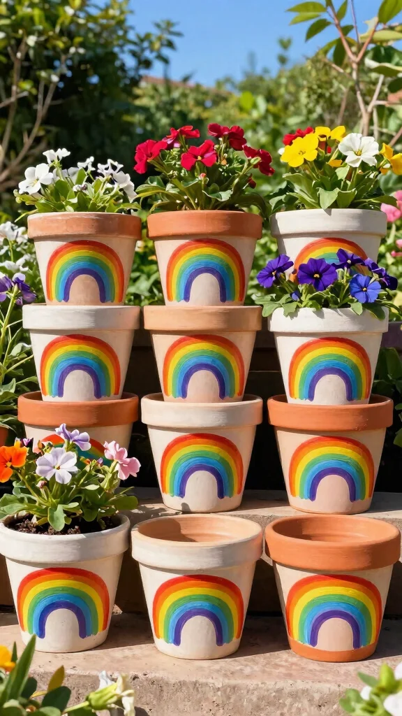 10 Painted Flower Pots Ideas for Terra Cotta - 1. Whimsical Rainbow Pots 1
