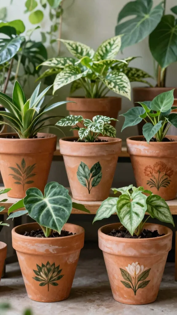 10 Painted Flower Pots Ideas for Terra Cotta - 3. Botanical Print Pots 1