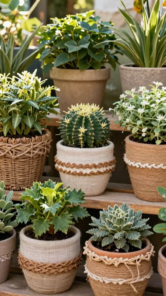10 Painted Flower Pots Ideas for Terra Cotta - 6. Textured Pots with Natural Materials 1
