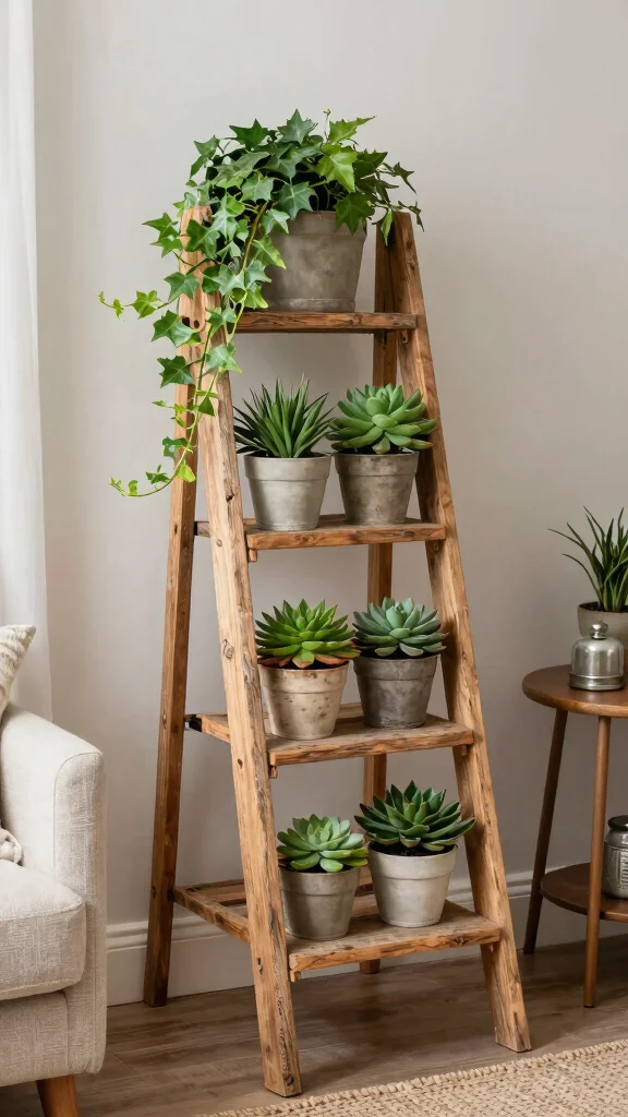 10 Small Plant Stand Ideas Corner Friendly - 4. Ladder Plant Stand for a Rustic Vibe 1