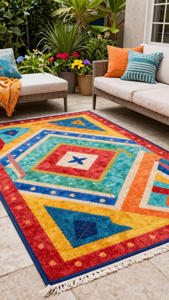 11 Colorful Patio Furniture Ideas for Vibrant Outdoor Spaces - 4. Brightly Colored Outdoor Rugs 1