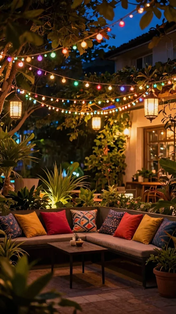 11 Colorful Patio Furniture Ideas for Vibrant Outdoor Spaces - 8. Artistic Outdoor Lighting 1