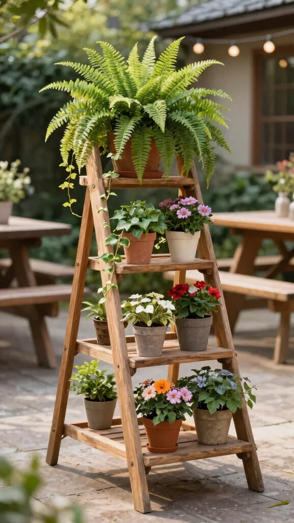 11 Ladder Plant Stand Ideas: Multi Tier Gardening Solutions - 1. Rustic Charm with Wooden Ladder Stands 1