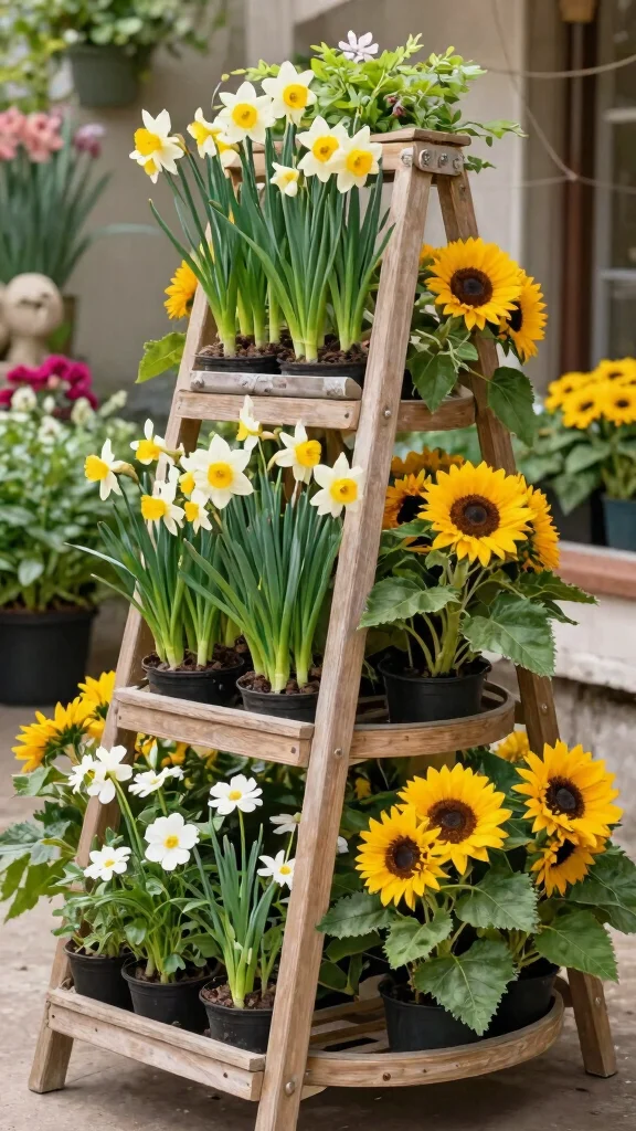 11 Ladder Plant Stand Ideas: Multi Tier Gardening Solutions - 10. Seasonal Displays with Rotating Ladder Stands 1