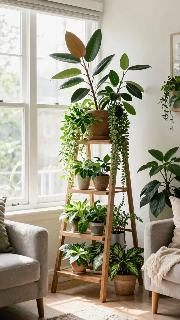 11 Ladder Plant Stand Ideas: Multi Tier Gardening Solutions - 3. Indoor Jungle with Tiered Greenery 1