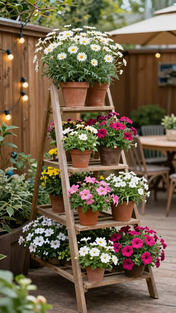 11 Ladder Plant Stand Ideas: Multi Tier Gardening Solutions - 5. Outdoor Oasis with Ladder Planters 1