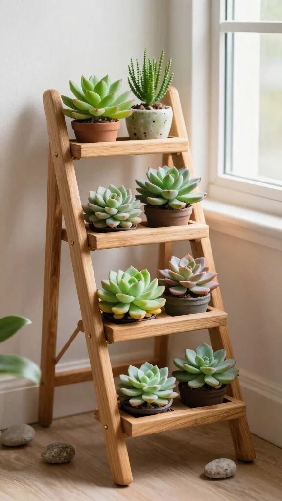 11 Ladder Plant Stand Ideas: Multi Tier Gardening Solutions - 6. Succulent Showcase with Mini Ladder Stands 1