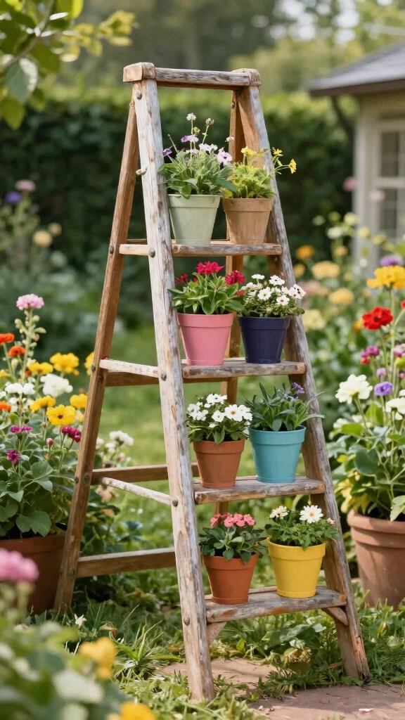 11 Ladder Plant Stand Ideas: Multi Tier Gardening Solutions - 7. Creative Upcycling with Old Ladders 1