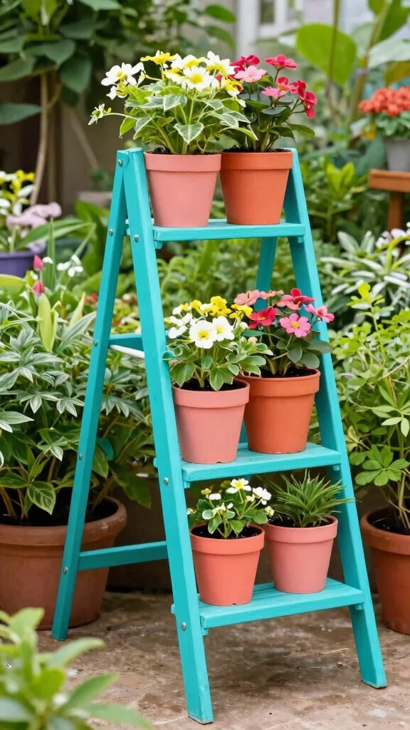 11 Ladder Plant Stand Ideas: Multi Tier Gardening Solutions - 8. Whimsical Touch with Painted Ladder Stands 1