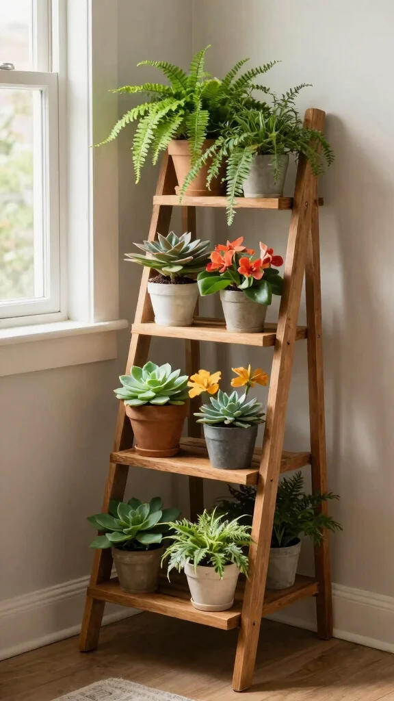 11 Ladder Plant Stand Ideas: Multi Tier Gardening Solutions - 9. Space-Saving Indoors with Corner Ladder Stands 1