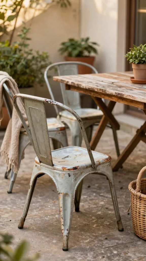 11 Metal Patio Furniture Makeover Ideas DIY - 2. Rustic Farmhouse Charm with Distressed Finishes 1
