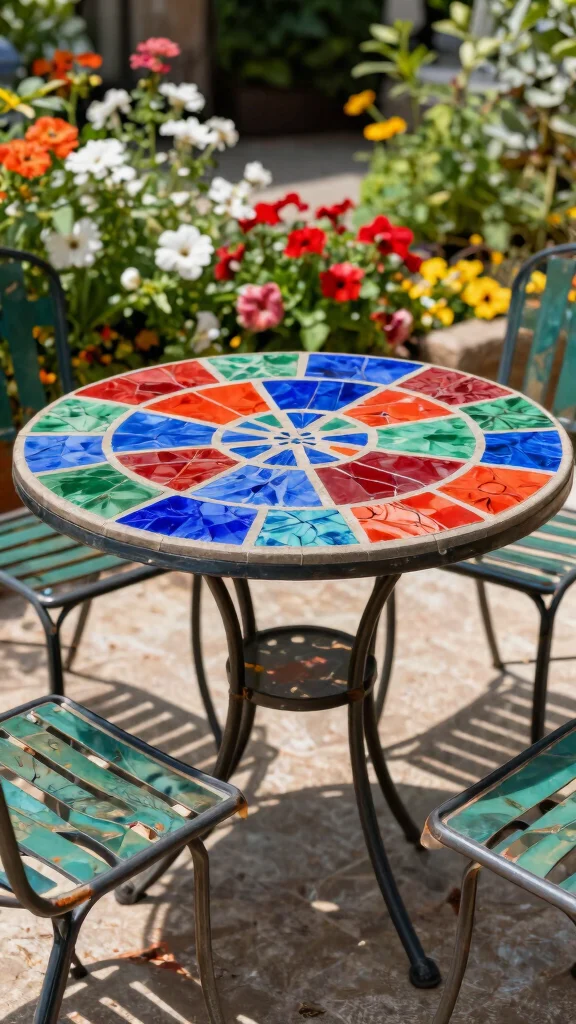 11 Metal Patio Furniture Makeover Ideas DIY - 3. Upcycled Tabletop with Mosaic Tiles 1