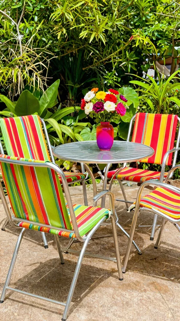 11 Metal Patio Furniture Makeover Ideas DIY - 8. Vintage Fabric Stripes 1