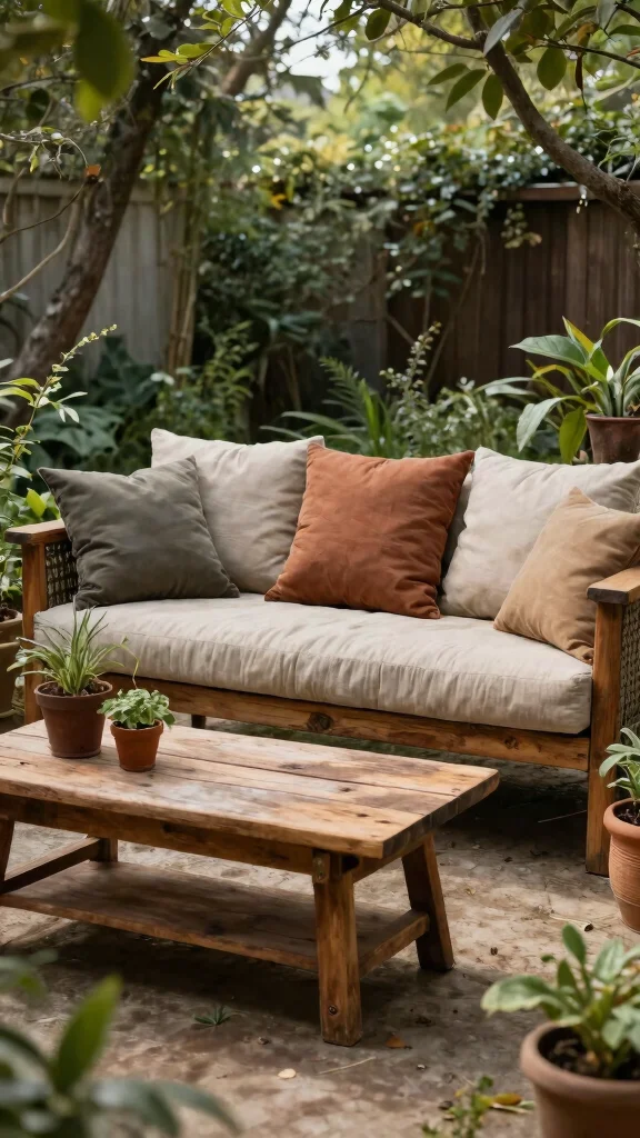 11 Outdoor Patio Furniture Ideas Layout Designs - 6. Rustic Outdoor Sofa with Recycled Materials 1