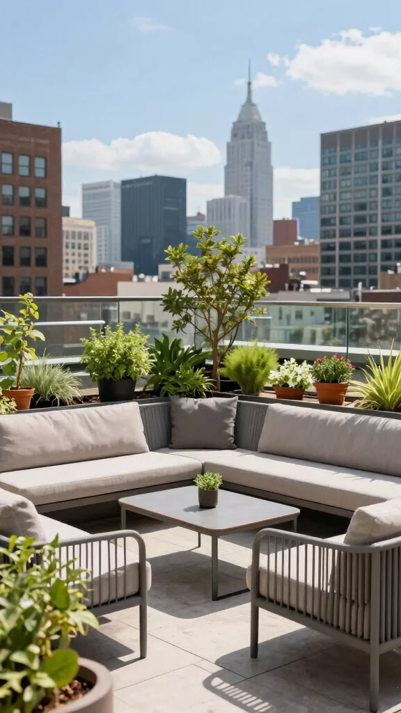 11 Outdoor Patio Furniture Ideas Layout Designs - 9. Rooftop Garden Lounge with Eco-Friendly Furniture 1