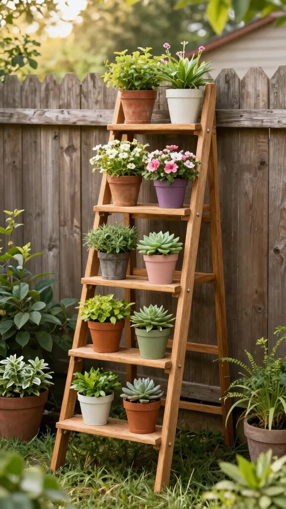 11 Outdoor Plant Stand Ideas Garden Ready - 3. Ladder Plant Stand 1