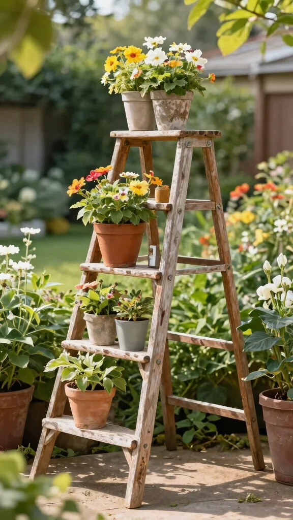 11 Outdoor Plant Stand Ideas Garden Ready - 8. Vintage Ladder Planter 1