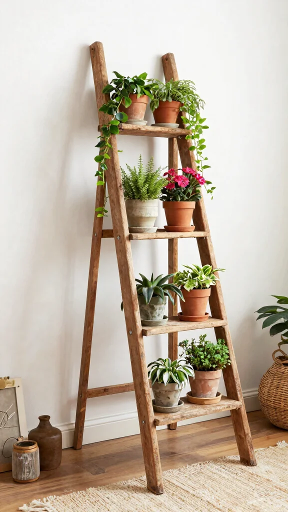 11 Plant Pot Stand Ideas for Elevated Plants - 1. Rustic Wooden Ladder Stand 1