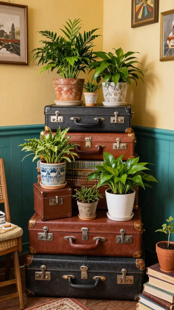 11 Plant Pot Stand Ideas for Elevated Plants - 10. Vintage Suitcase Plant Stand 1