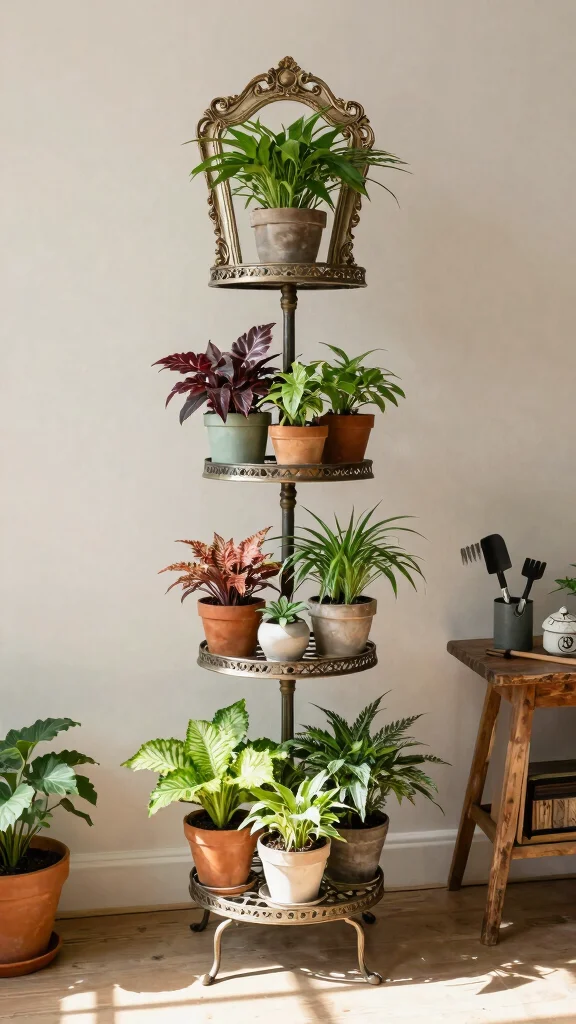 11 Plant Pot Stand Ideas for Elevated Plants - 7. Vintage Style Frame Stand 1