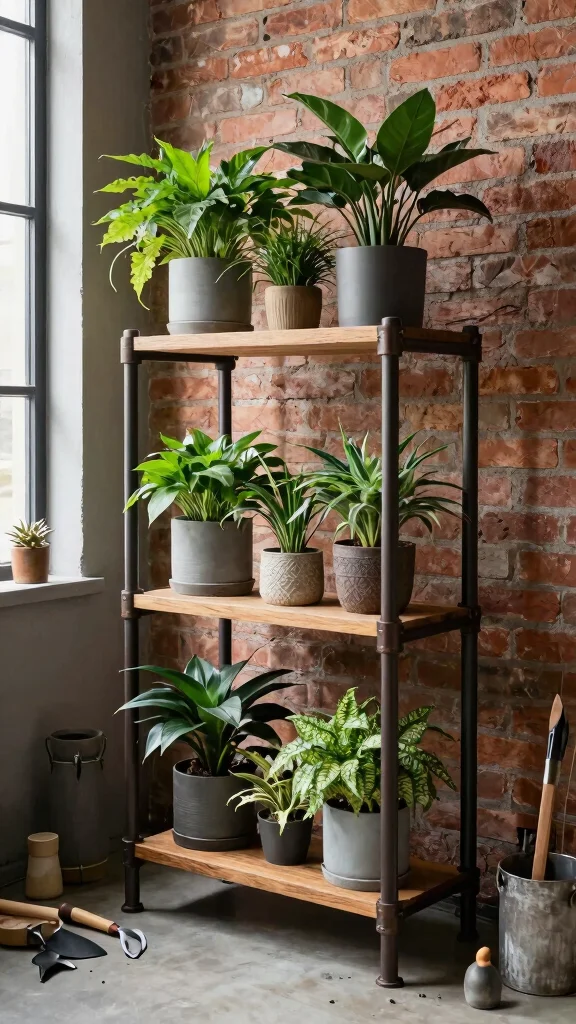 11 Plant Pot Stand Ideas for Elevated Plants - 8. Industrial Pipe Plant Stand 1