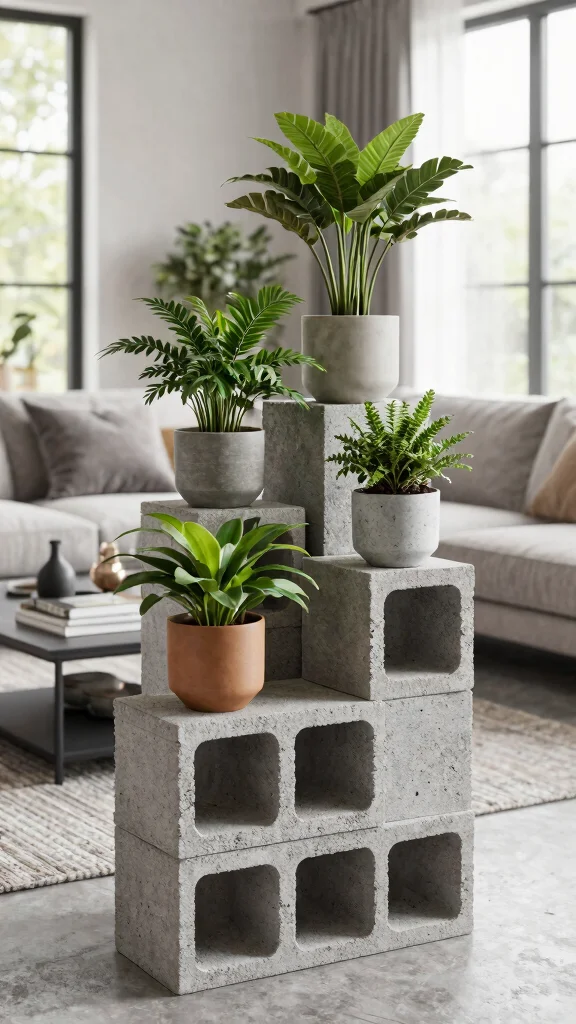 11 Plant Stand DIY Indoor Ideas Easy Build - 2. Concrete Block Stand 1