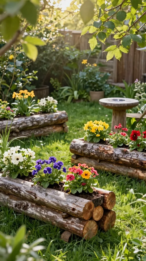 11 Wood Flower Pots Ideas Natural Texture - 1. Rustic Log Planters 1