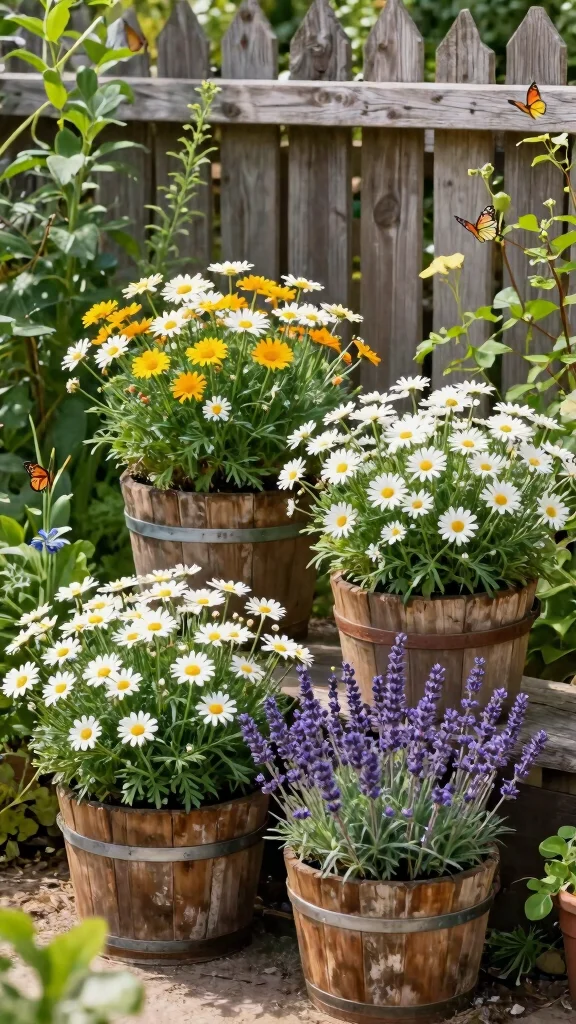 11 Wood Flower Pots Ideas Natural Texture - 6. Wooden Bucket Planters 1
