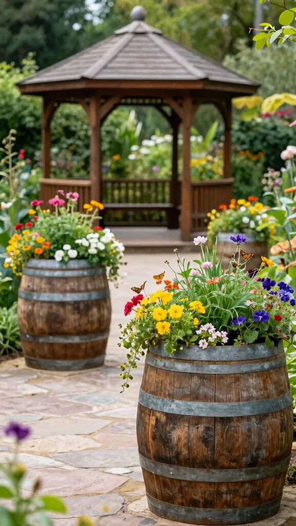 11 Wood Flower Pots Ideas Natural Texture - 9. Wooden Wine Barrel Planters 1