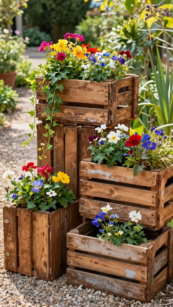 11 Wooden Flower Pots Ideas for Rustic Warmth - 1. Reclaimed Wooden Crates 1