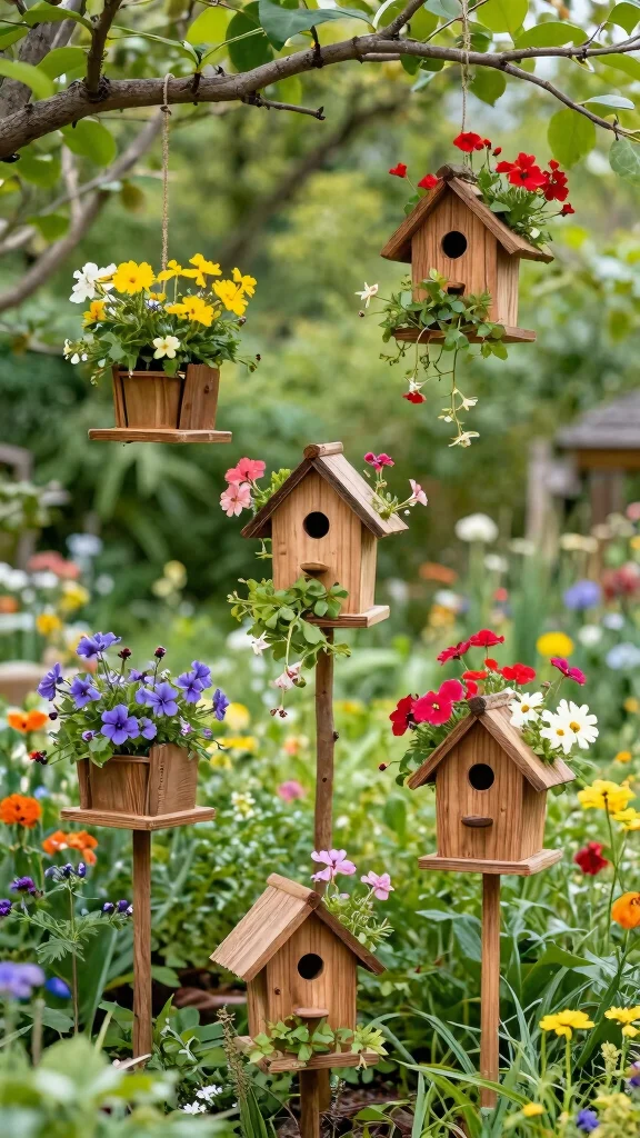 11 Wooden Flower Pots Ideas for Rustic Warmth - 11. Wooden Birdhouse Planters 1