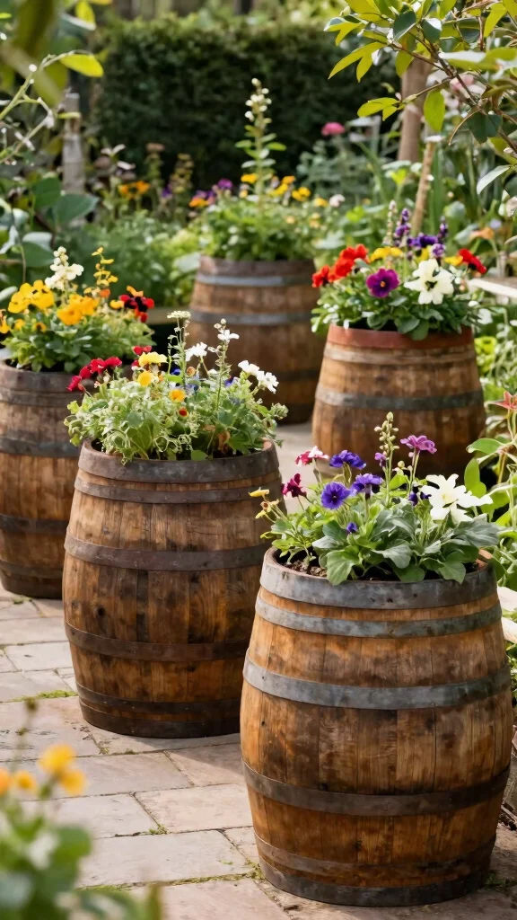11 Wooden Flower Pots Ideas for Rustic Warmth - 7. Rustic Wooden Barrels 1