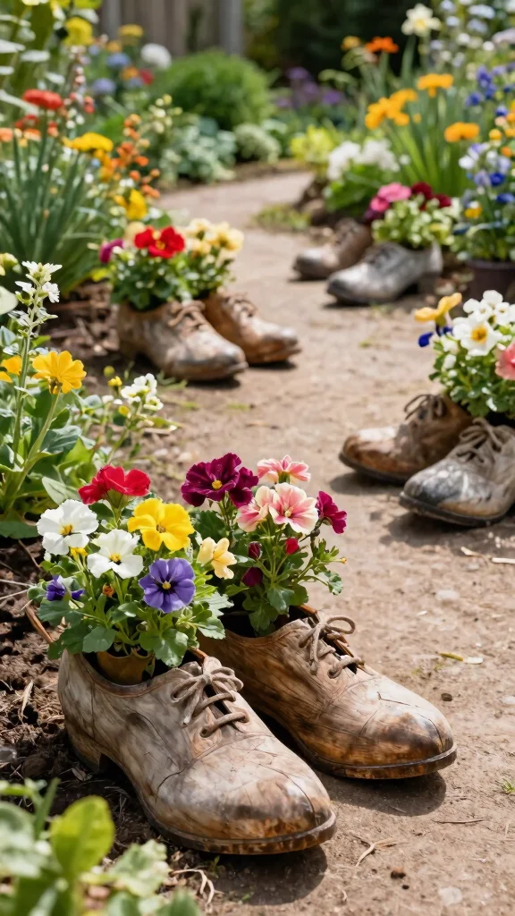 11 Wooden Flower Pots Ideas for Rustic Warmth - 8. Wooden Shoe Planters 1
