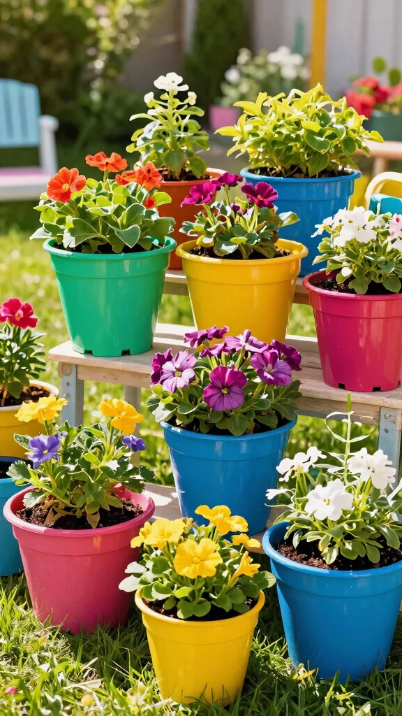 12 Cute Flower Pots Ideas Adorable Charm - 8. Colorful Plastic Pots 1