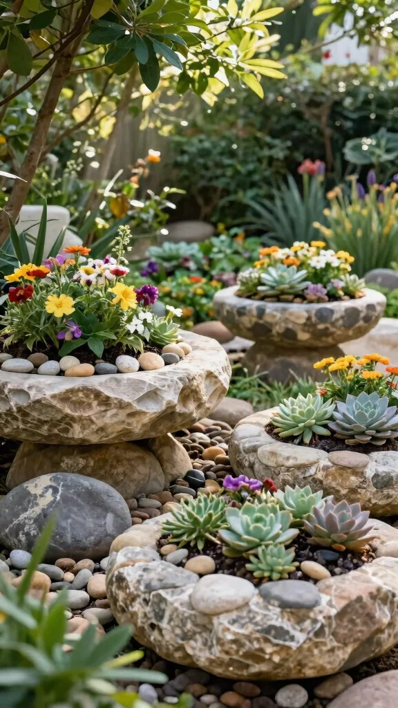12 Cute Flower Pots Ideas Adorable Charm - 9. Stone and Pebble Planters 1