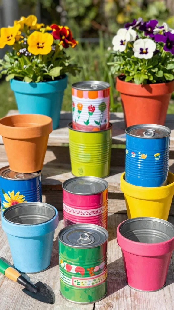 12 Decorated Flower Pots Ideas for Festive Flair - 1. Upcycled Tin Can Treasures 1