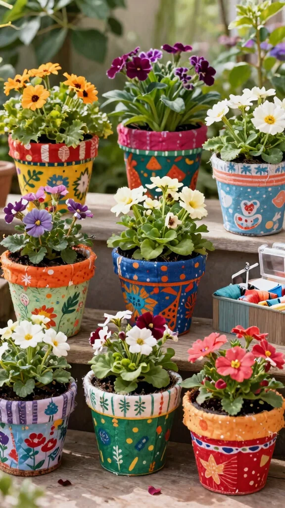 12 Decorated Flower Pots Ideas for Festive Flair - 10. Eco-Friendly Fabric Pots 1